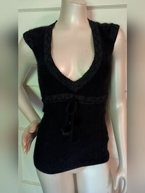 Y2K Black Deep V-Neck Knit Top With Real Fur